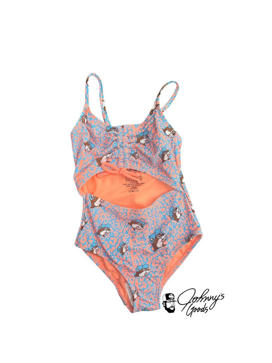 Buc-ee’s Youth Leopard Blue Orange Adjustable Strap One Piece Swim Suit 2025