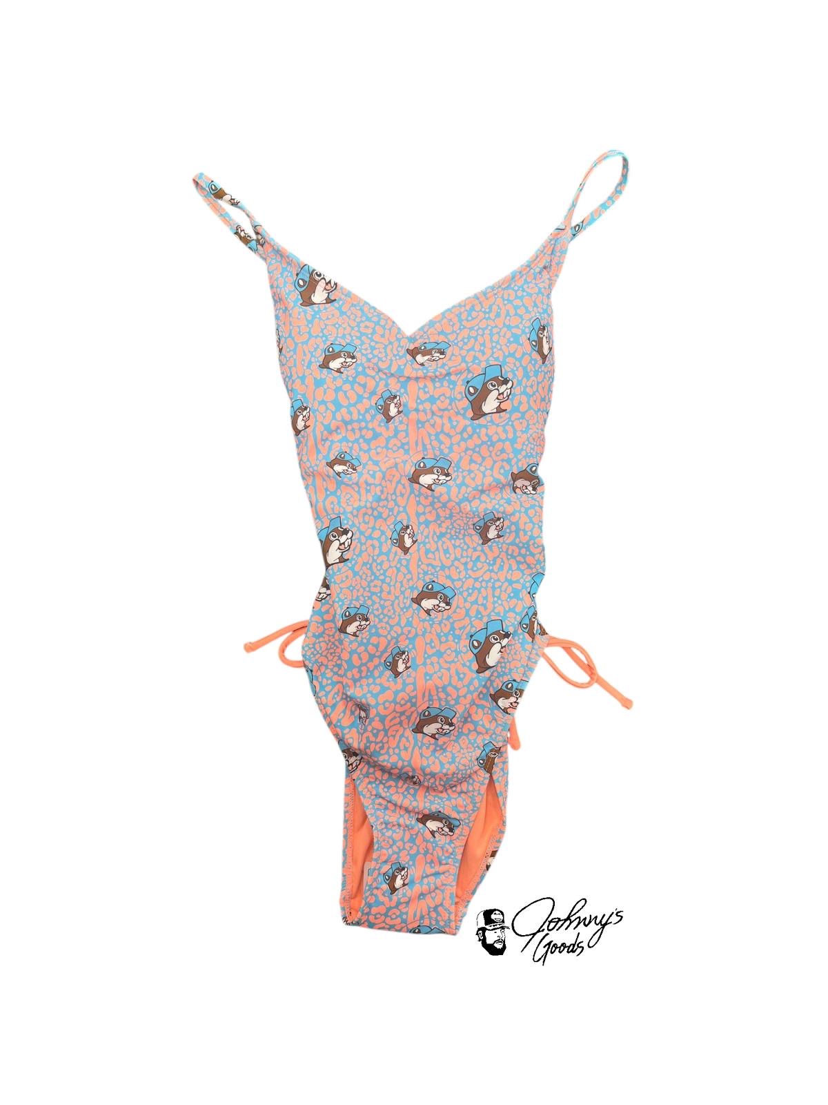 Buc-ee’s Leopard Blue Orange One Piece Adjustable Straps Swim Suit 2025