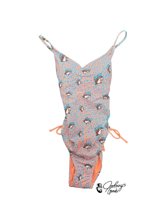 Buc-ee’s Leopard Blue Orange One Piece Adjustable Straps Swim Suit 2025