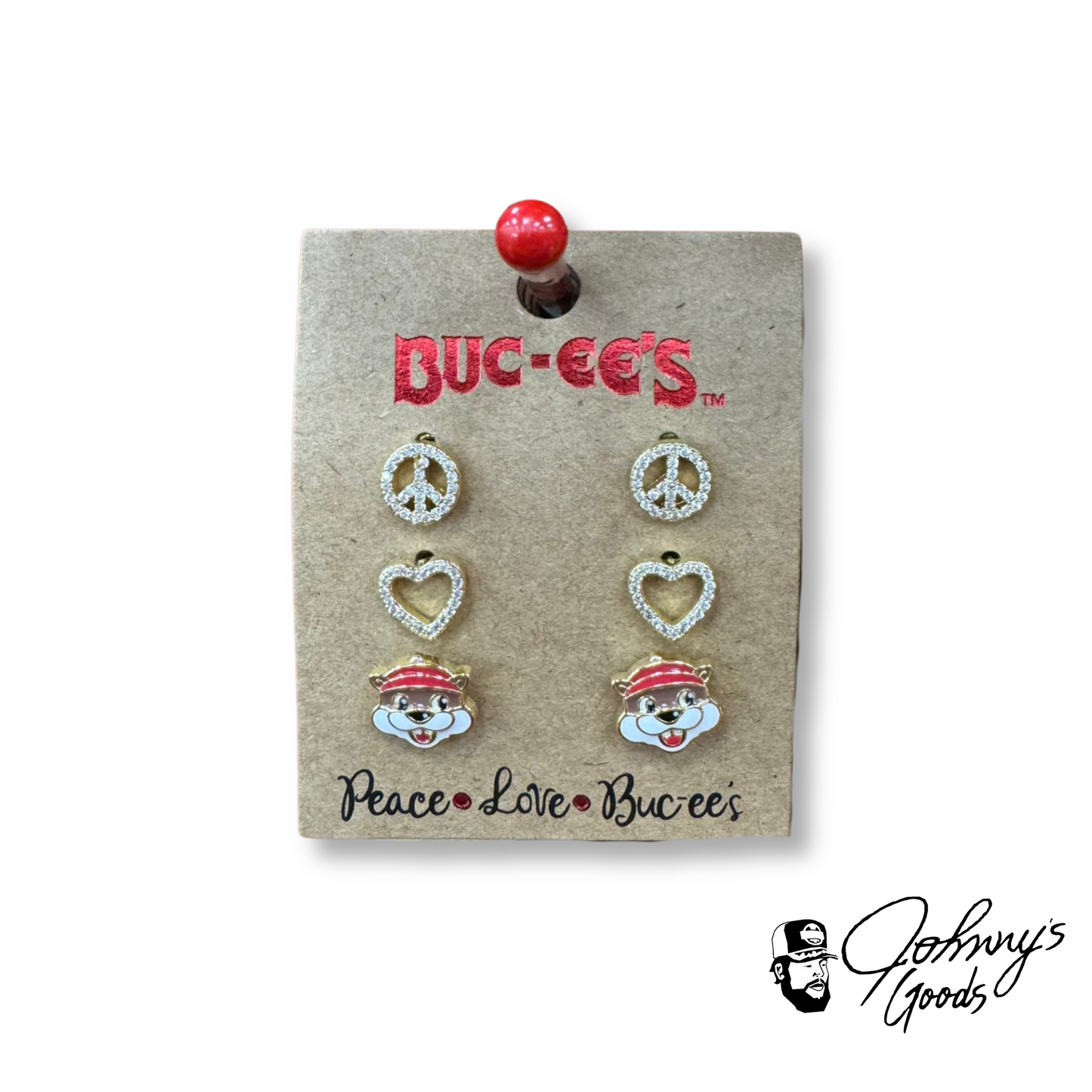 Buc-ee's Earrings Gold Pave Peace Love Trio