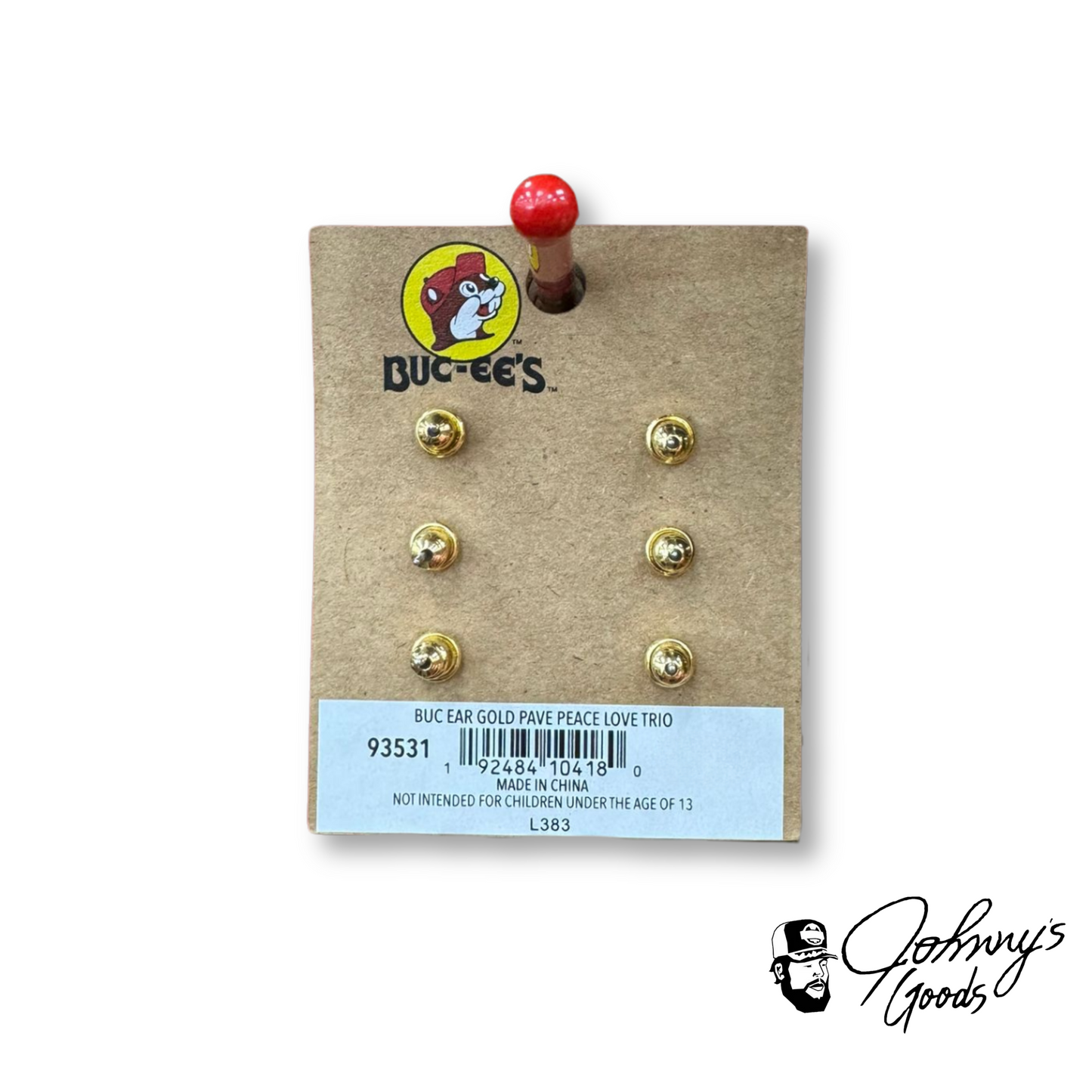 Buc-ee's Earrings Gold Pave Peace Love Trio