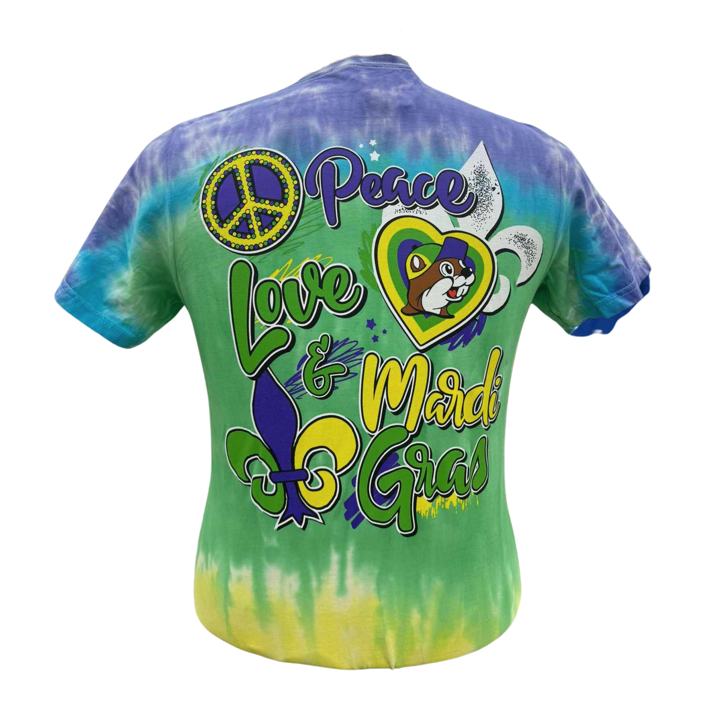 Buc-ee's Peace Love & Mardi Gras Tie Dye Graphic T-Shirt buc ees buc ee's bucees buccees buc-ees